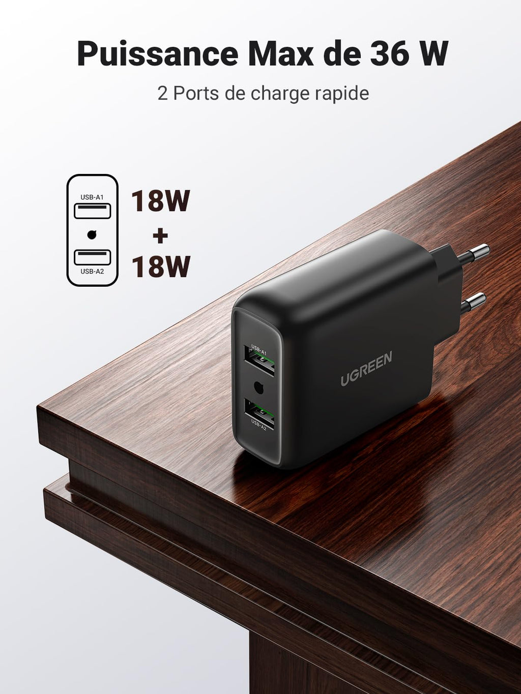 UGREEN 18W Quick Charge 3.0 Chargeur Secteur USB 2 Ports