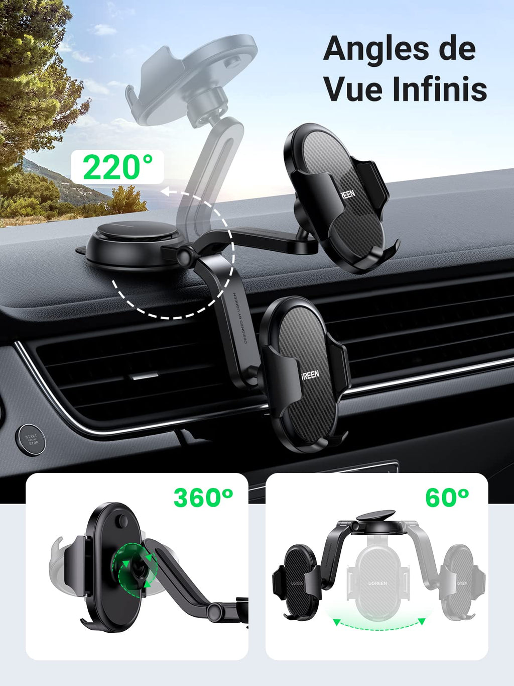 UGREEN Support Téléphone Voiture Ventouse Rotation à 360 Degrés
