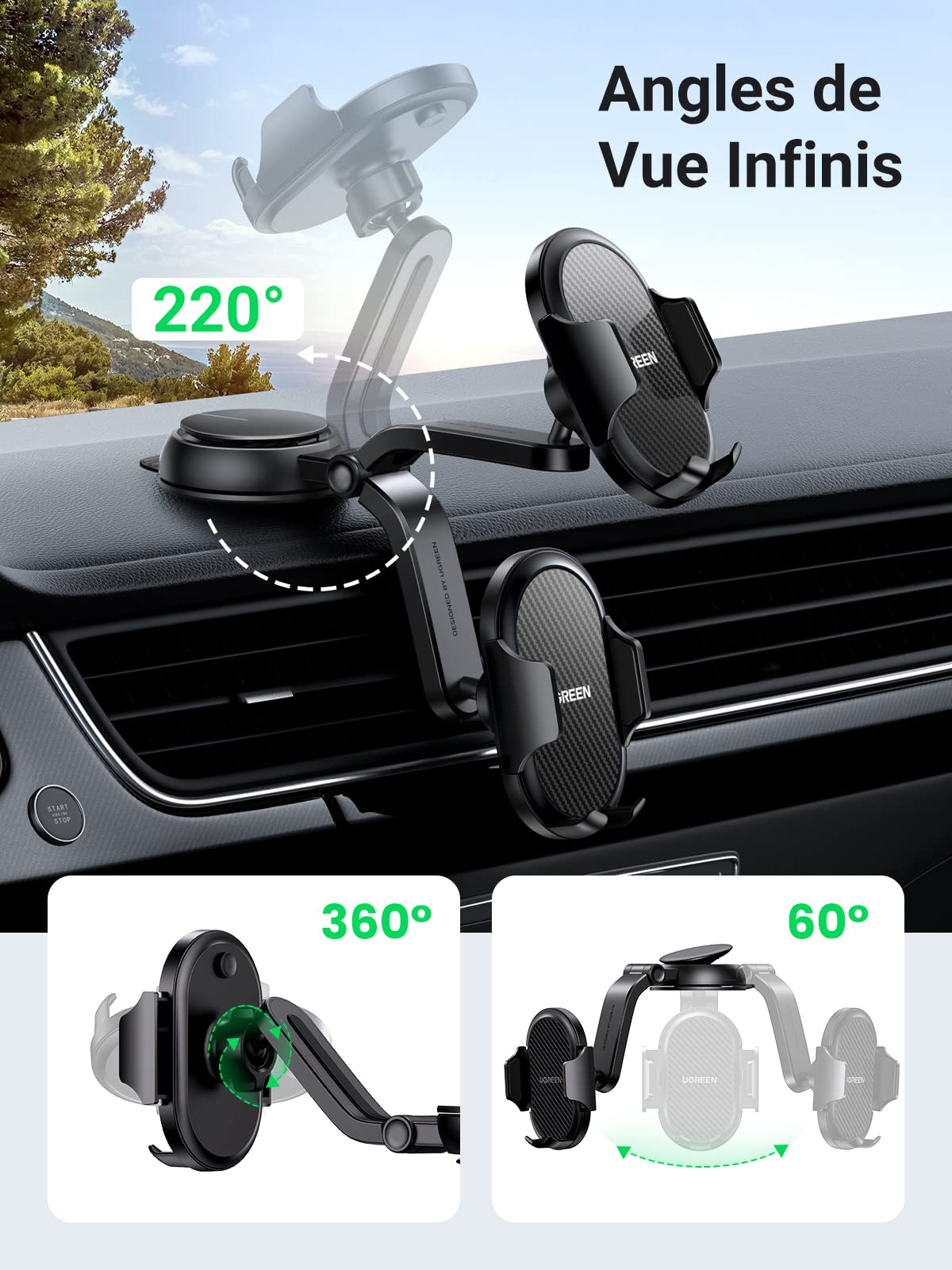 UGREEN Support Téléphone Voiture Ventouse Rotation à 360 Degrés