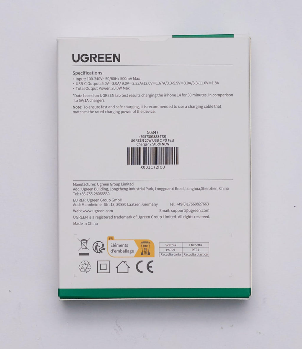 UGREEN Chargeur USB C 20W Lot de 2 Power Delivery 3.0 (Blanc)