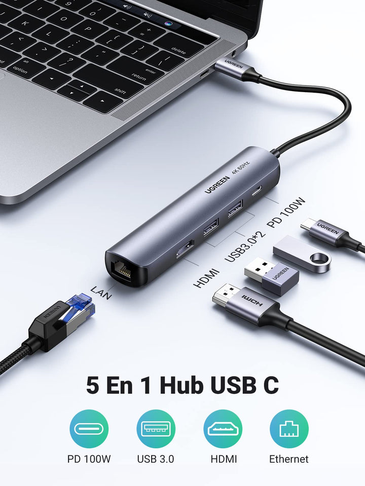 UGREEN Hub USB C (HDMI 4K 60Hz Adaptateur/USB C RJ45 Ethernet Supporte