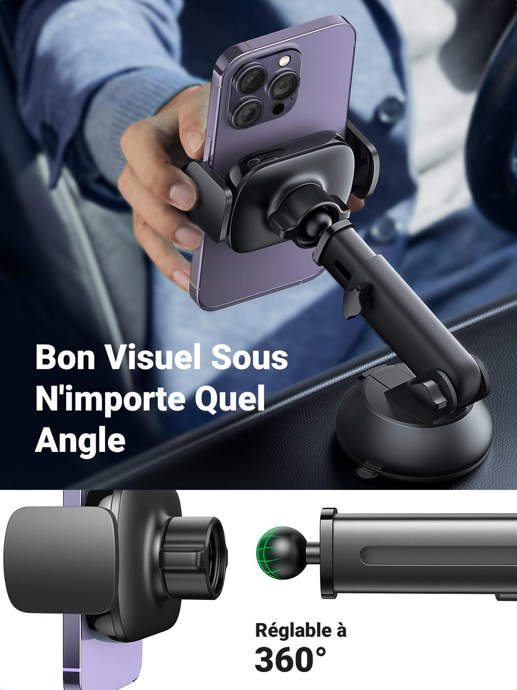 UGREEN support de téléphone de voiture ventouse rotation à 360 degrés
