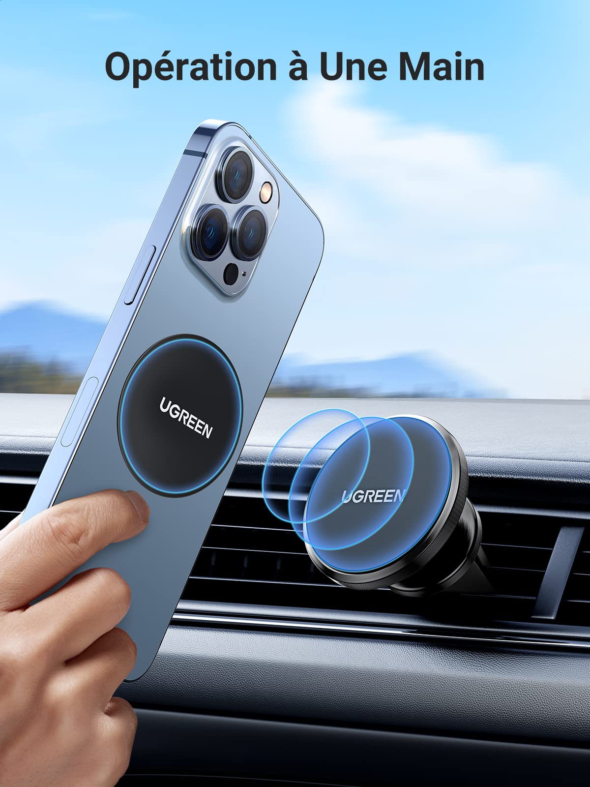 UGREEN Support Téléphone Portable Voiture Magnétique 4 Aimants Puissants Intégrés