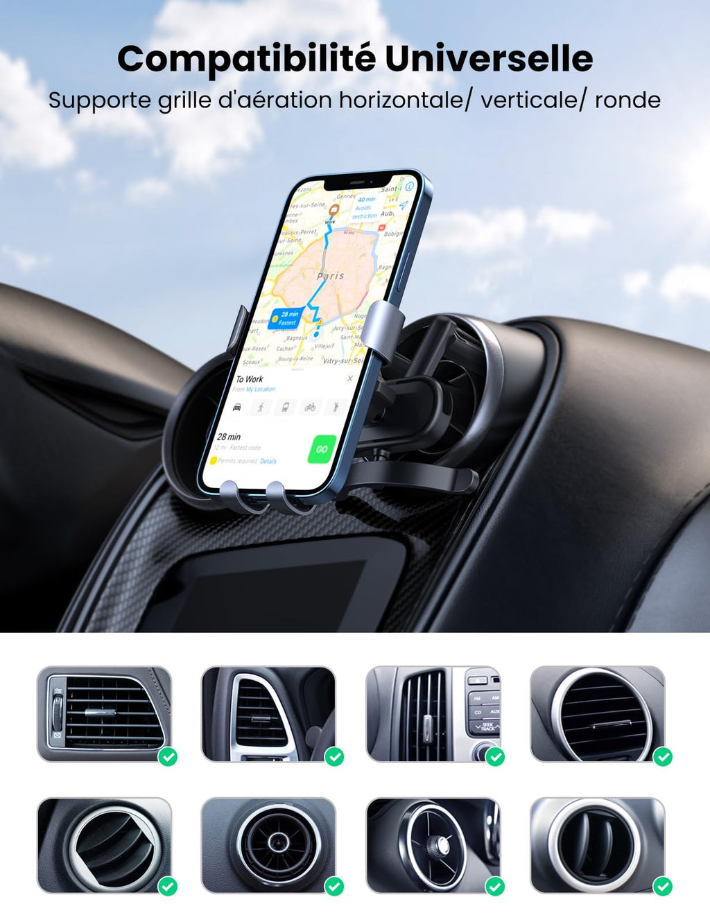 UGREEN Support Téléphone Voiture Gravité Grille Aération Ronde Porte Portable Voiture Accroche