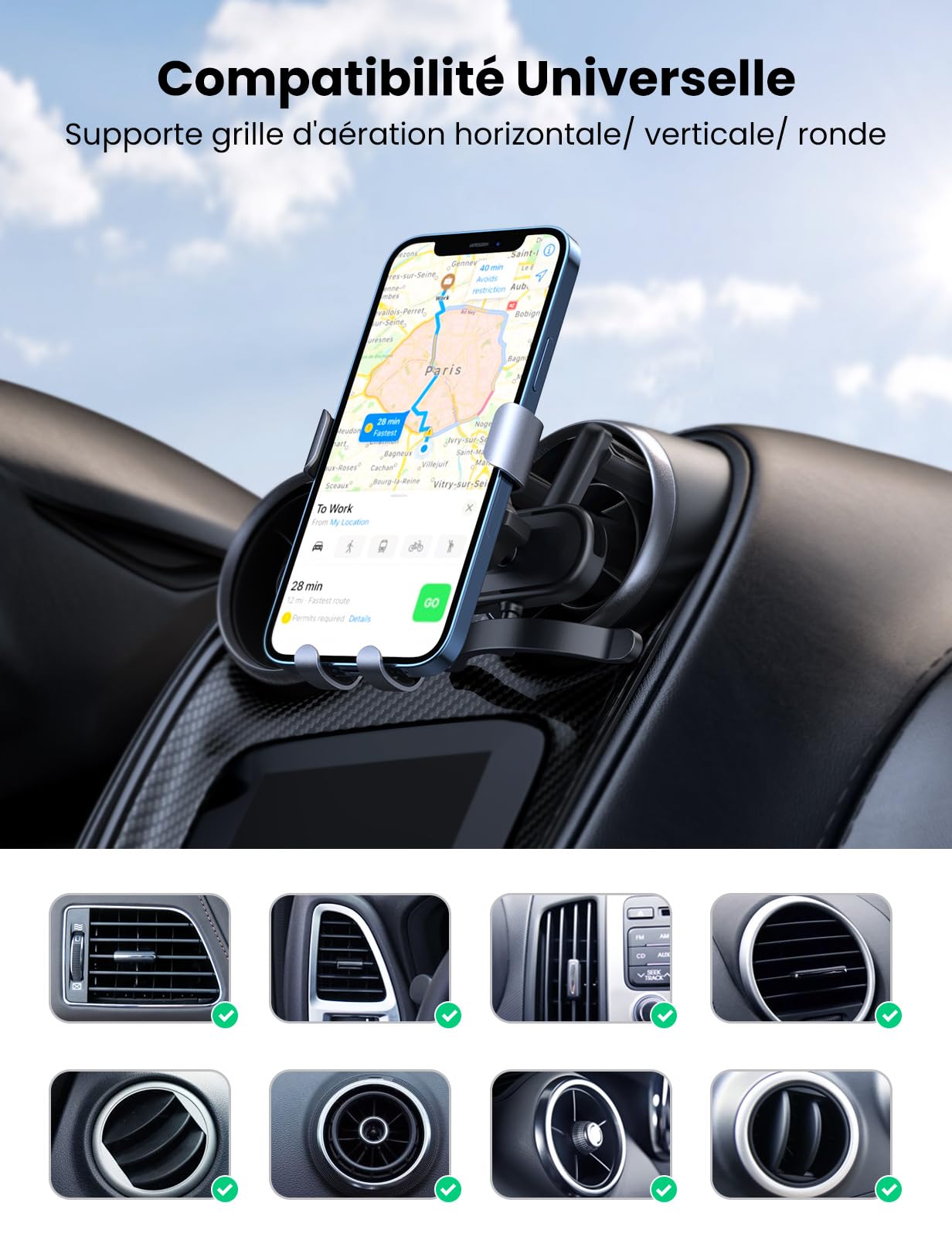 UGREEN Support Téléphone Voiture Gravité Grille Aération Ronde Porte Portable Voiture Accroche