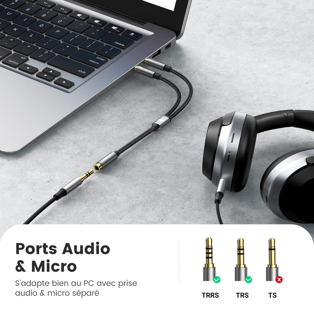 UGREEN Adaptateur Jack Audio Stéréo 3.5mm Adaptateur Micro Casque Femelle vers 2 Mâle Câble Splitter Y Jack Audio Compatible avec Ordinateur PC Haut Parleur Enceinte 20cm