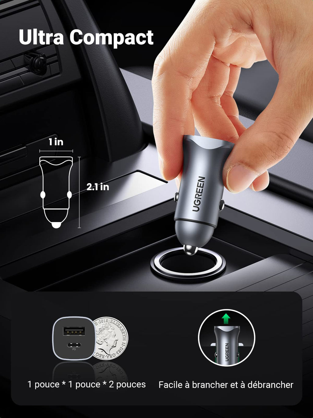 UGREEN USB C PD QC 3.0 Rapide Chargeur Voiture USB C