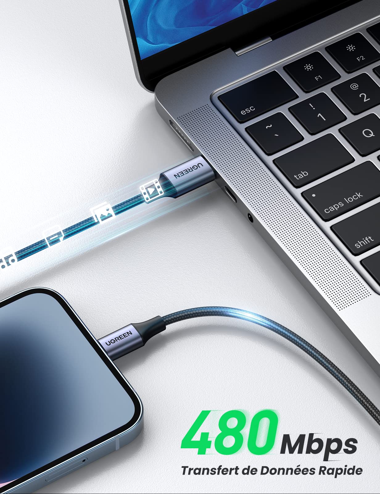 UGREEN Câble Lightning vers USB C MFi Certifié Nylon Tressé