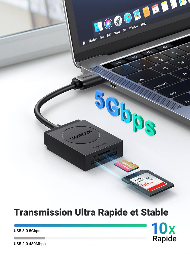 Lecteur de Carte USB 3.0, Lecteur SD / Micro SD, Lecteur de Carte Portable  pour SD, SDHC, SDXC, MicroSD, MicroSDHC, MicroSDXC Noir