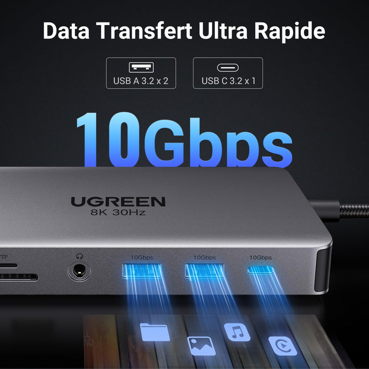 UGREEN Revodok Pro 211 Docking Station USB C 11 en 1 Double HDMI 8K30Hz USB 3.2 10Gbps avec Ethernet RJ45 Hub Adaptateur USB C vers USB PD 100W Audio 3.5mm Compatible avec MacBook Pro Air M1 M2