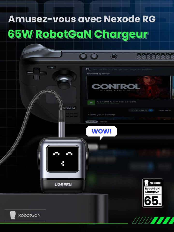 UGREEN Nexode RG RobotGaN 65W Chargeur USB C Rapide 3 Ports (Noir)