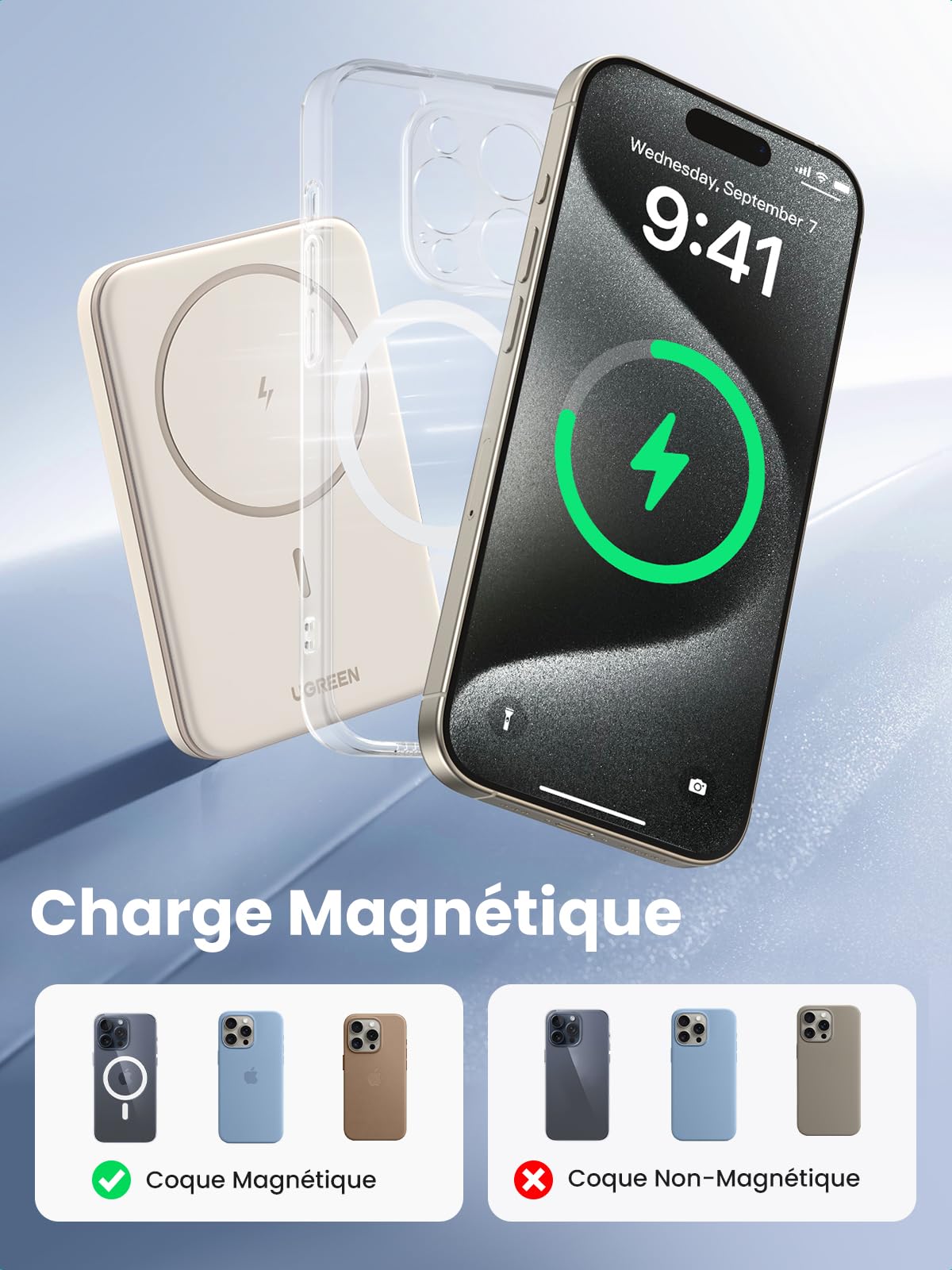 Power Bank Magnétique 5000 MAh - Charge Sans Fil Pour IPhone 12-15 - Port USB-C - Compact Et Léger (120g)