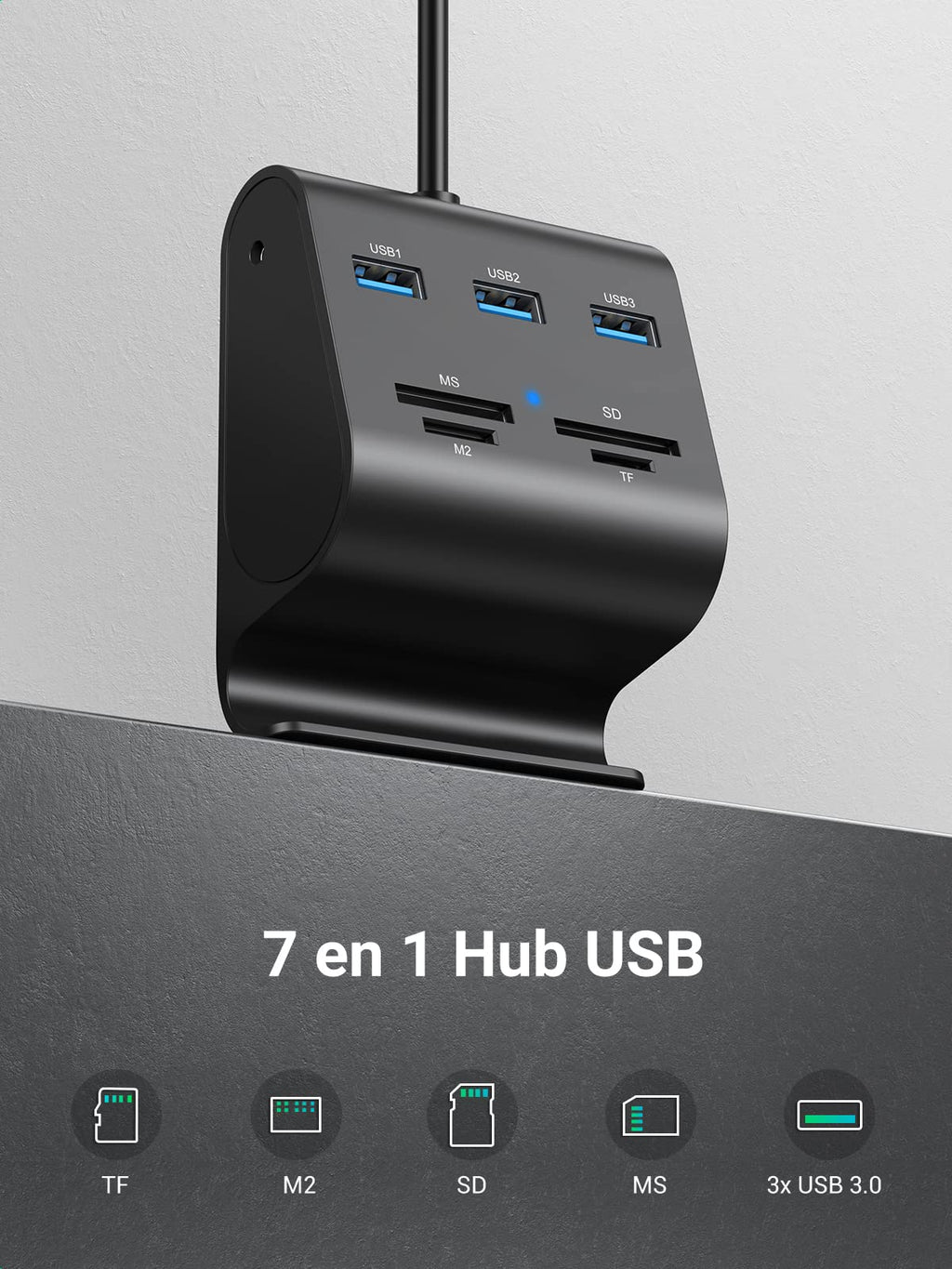 UGREEN Hub USB A 3.0 avec Lecteur de Carte Micro SD MS M2 et 3 Ports