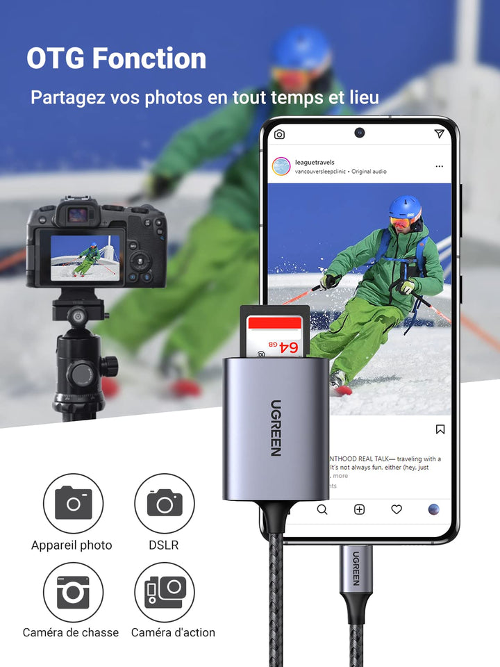 5€21 sur Lecteur de carte Ugreen USB 3.0 Adaptateur OTG pour carte SD et  Micro SD TF - Complément optique photo et vidéo - Achat & prix
