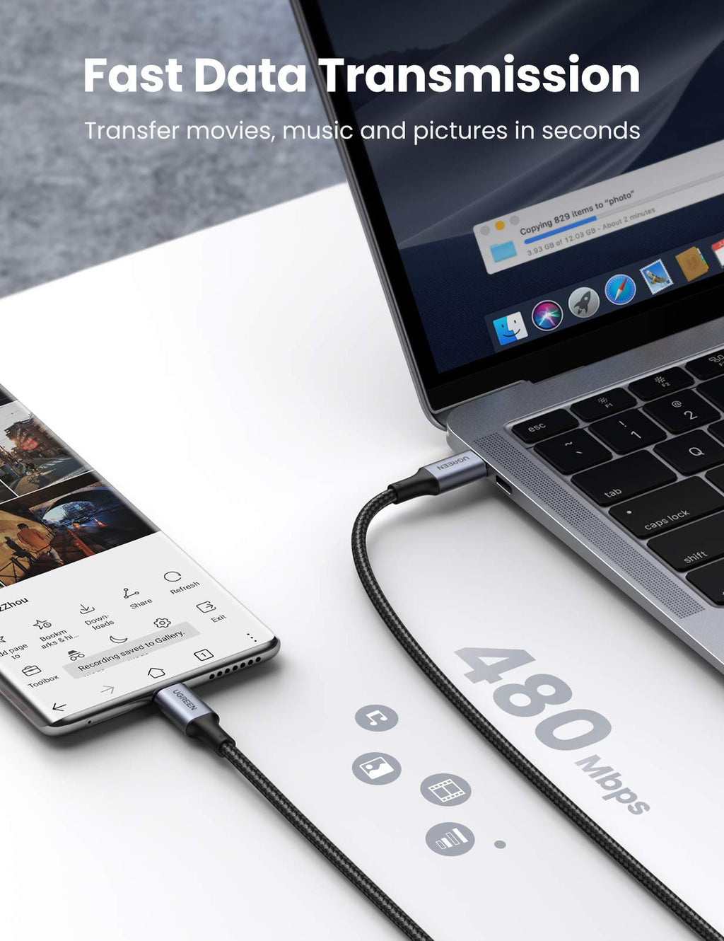 UGREEN Câble USB C vers USB C PD 100W 5A 20V Câble Nylon Tressé