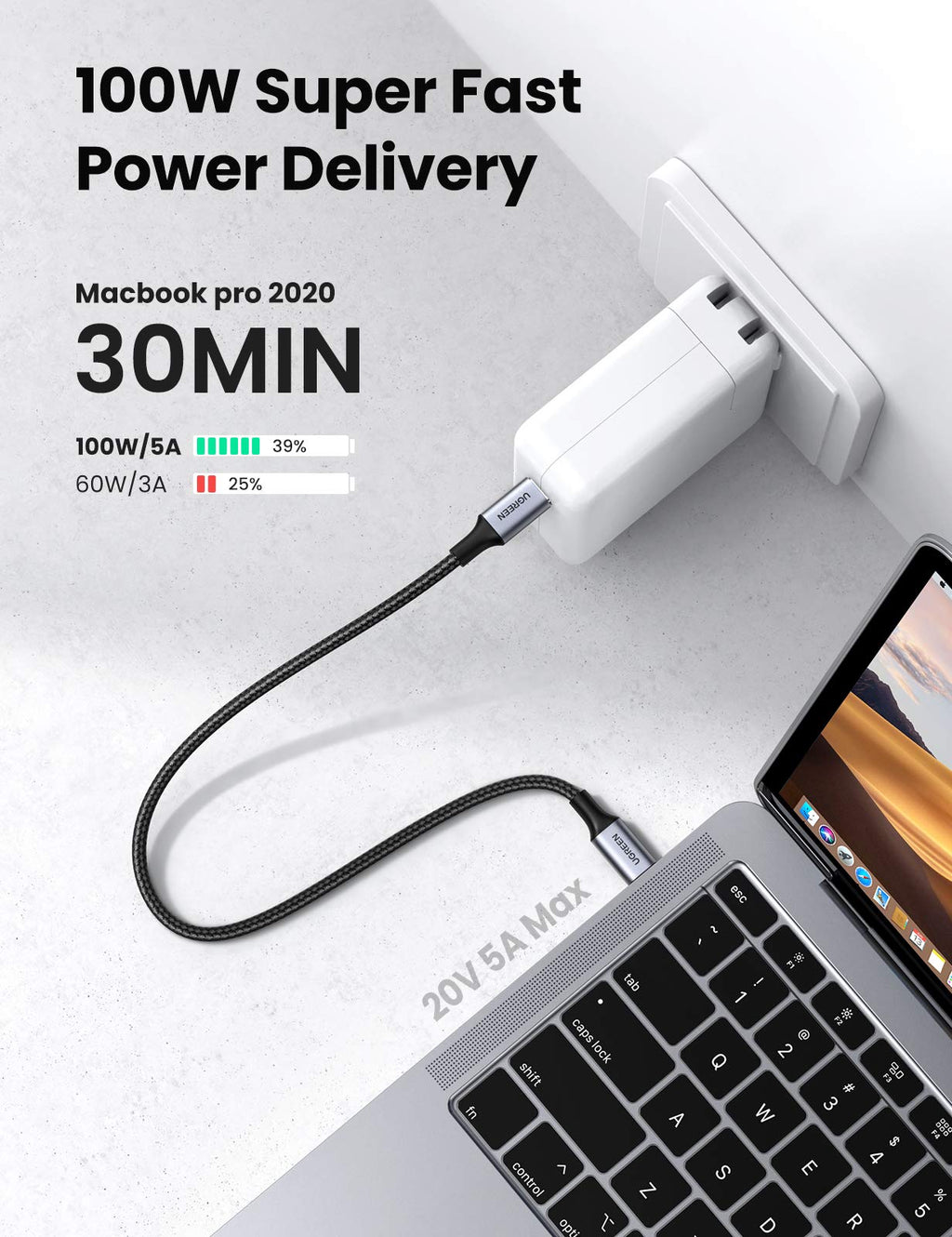 UGREEN Câble USB C vers USB C PD 100W 5A 20V Câble Nylon Tressé