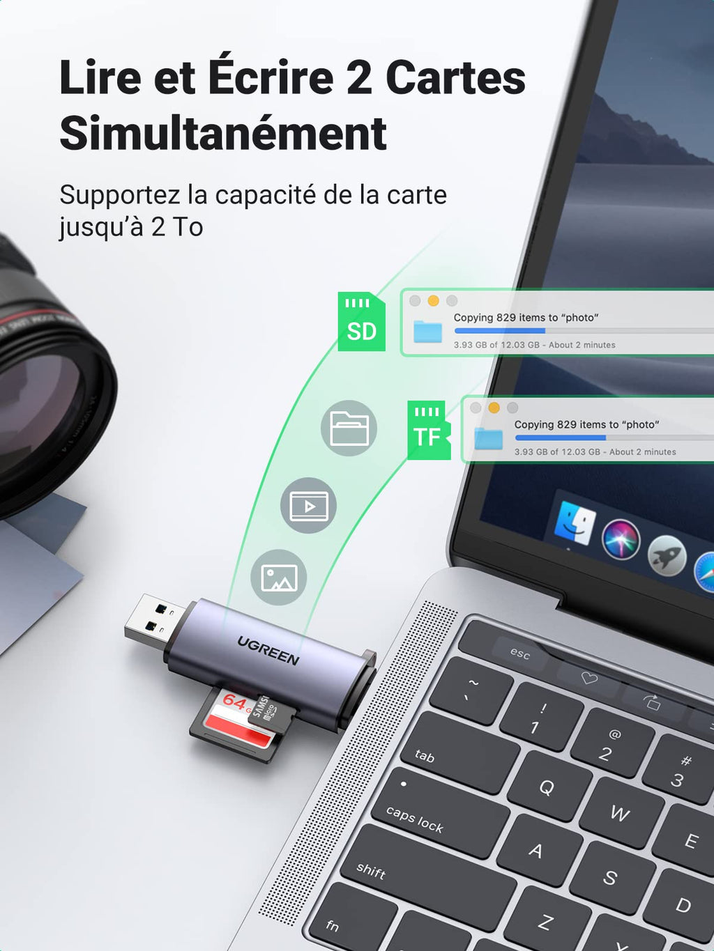 UGREEN Lecteur de Carte SD Micro SD USB C USB 3.0 2 en 1 Adaptateur de Carte SD en Aluminium Supporte 2 Cartes Max 2To