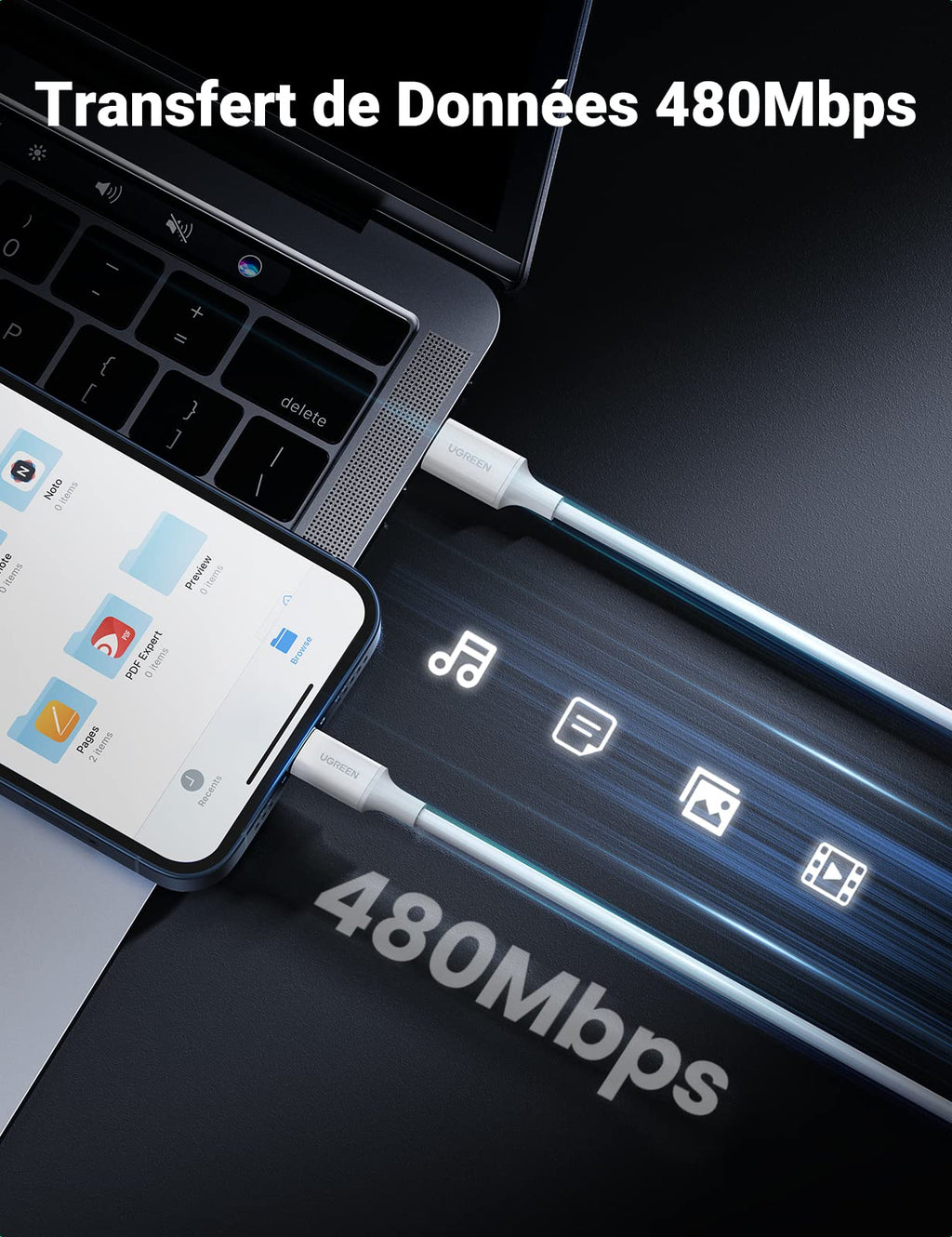 UGREEN Câble Lightning vers USB C MFi Certifié Chargeur iPhone Rapide