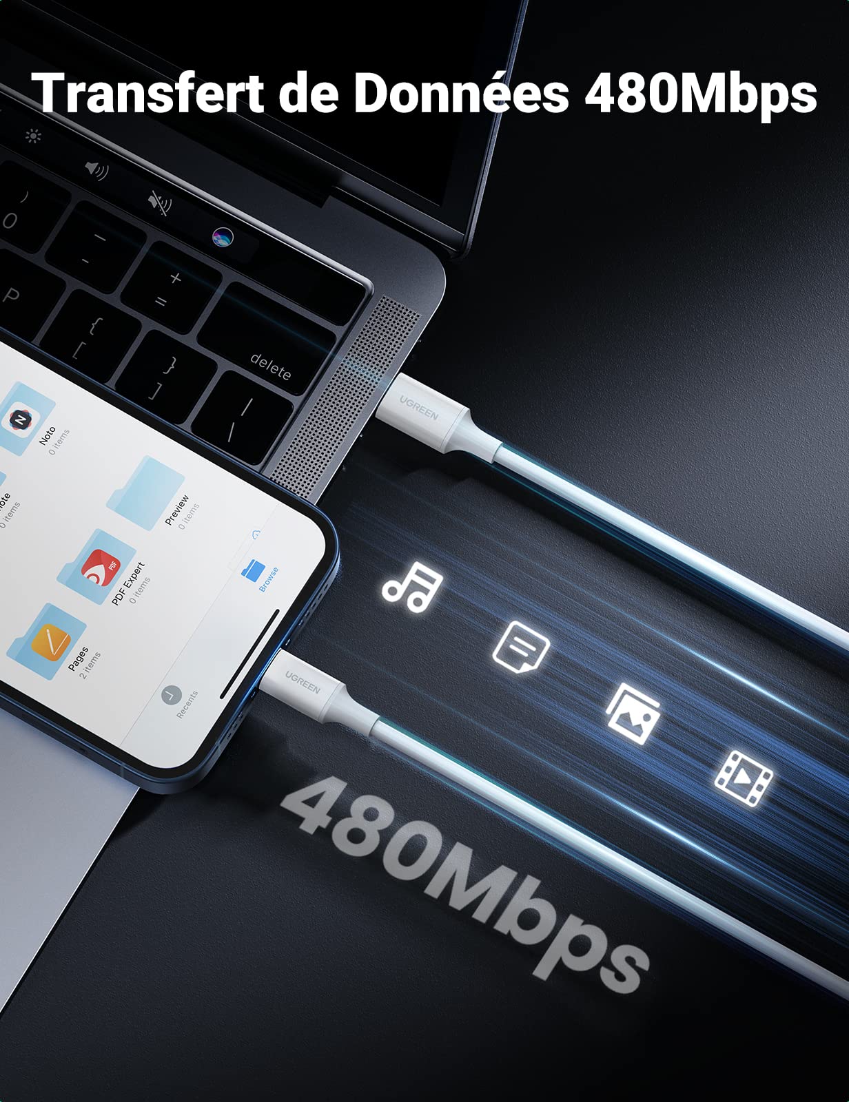 UGREEN Câble Lightning vers USB C MFi Certifié Chargeur iPhone Rapide