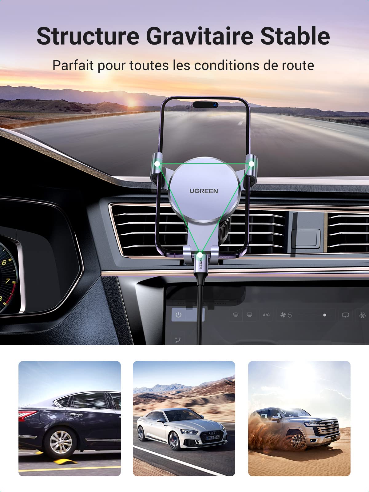 UGREEN Support Téléphone Voiture Gravité Grille Aération (Gris)