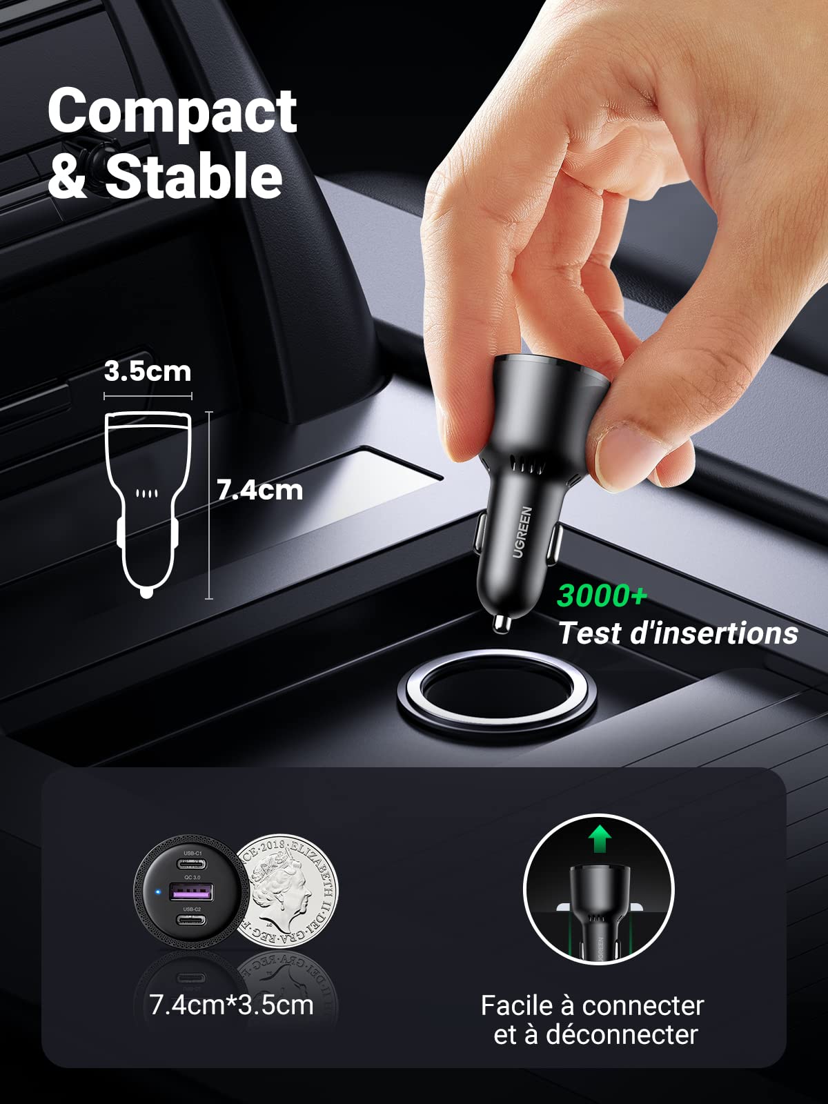 UGREEN 69W Chargeur Voiture USB C Rapide PD QC 3.0