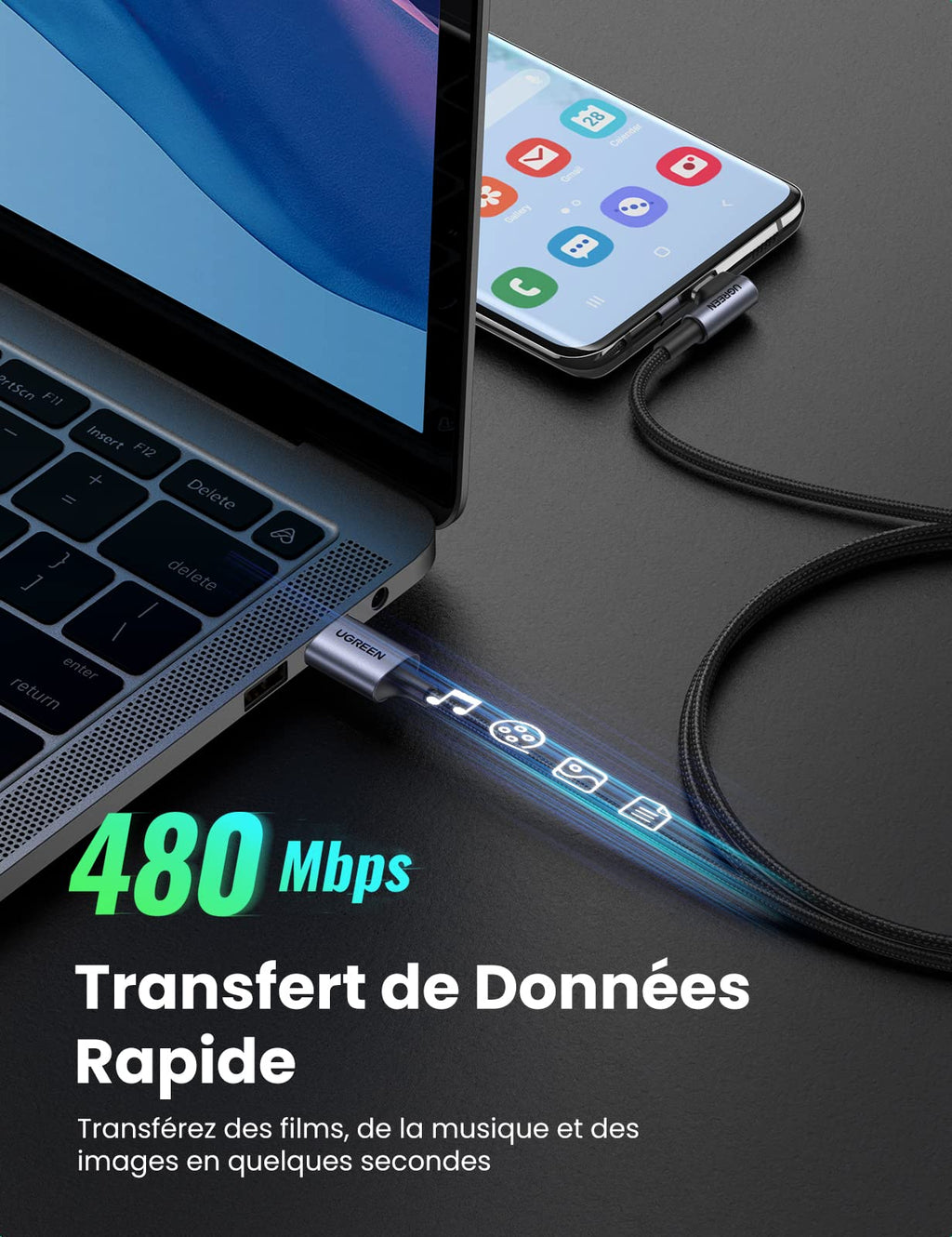 UGREEN Câble USB C Coudé 1M et 2M Lot de 2 Chargeur Type C Câble USB C Rapide 3A Nylon Tressé