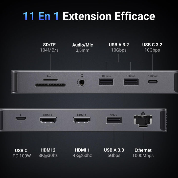 UGREEN Revodok Pro 211 Docking Station USB C 11 en 1 Double HDMI 8K30Hz USB 3.2 10Gbps avec Ethernet RJ45 Hub Adaptateur USB C vers USB PD 100W Audio 3.5mm Compatible avec MacBook Pro Air M1 M2