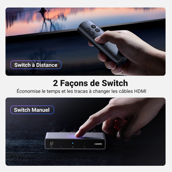 UGREEN Switch HDMI 2.1 8K 60Hz Commutateur HDMI 4K 120Hz 3 Entrées à 1 Sortie 1080P Dolby Vision Atmos HDR 3D Haute Vitesse 48Gbps Compatible avec PC PS5 PS4 Xbox One 360 DVD TV Box Projecteur