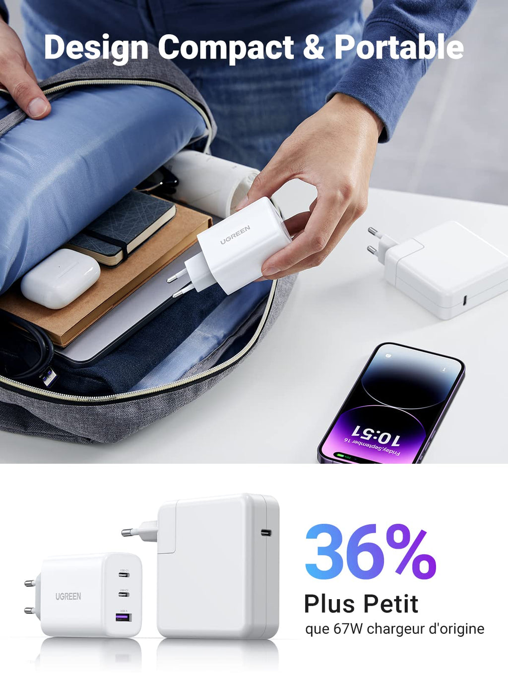 UGREEN 65W Chargeur USB C Rapide 3 Ports
