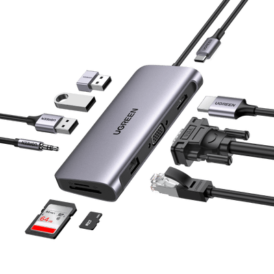 UGREEN 10 en 1 Hub USB C (HDMI VGA Adaptateur/USB C Ethernet Gigabit 1000 Mbps/Dock Multi Ports PD 100W/USB 3.0 5Gbps)
