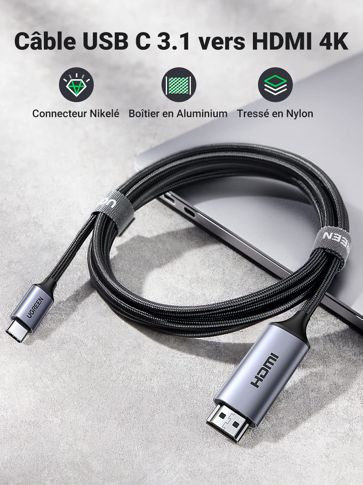 UGREEN 2M Câble USB C vers HDMI 4K 60Hz Câble Type C Thunderbolt 3