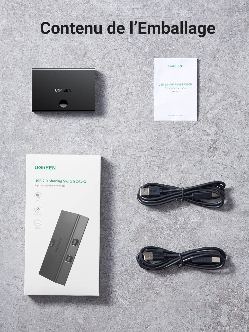 UGREEN USB 2.0 Switch, 2 Entrées 1 Sortie, Commutateur USB