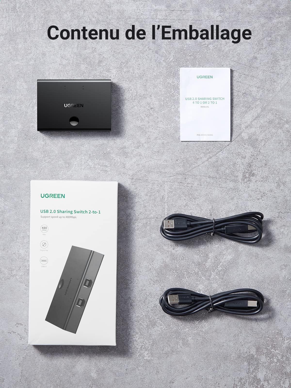UGREEN USB 2.0 Switch, 2 Entrées 1 Sortie, Commutateur USB