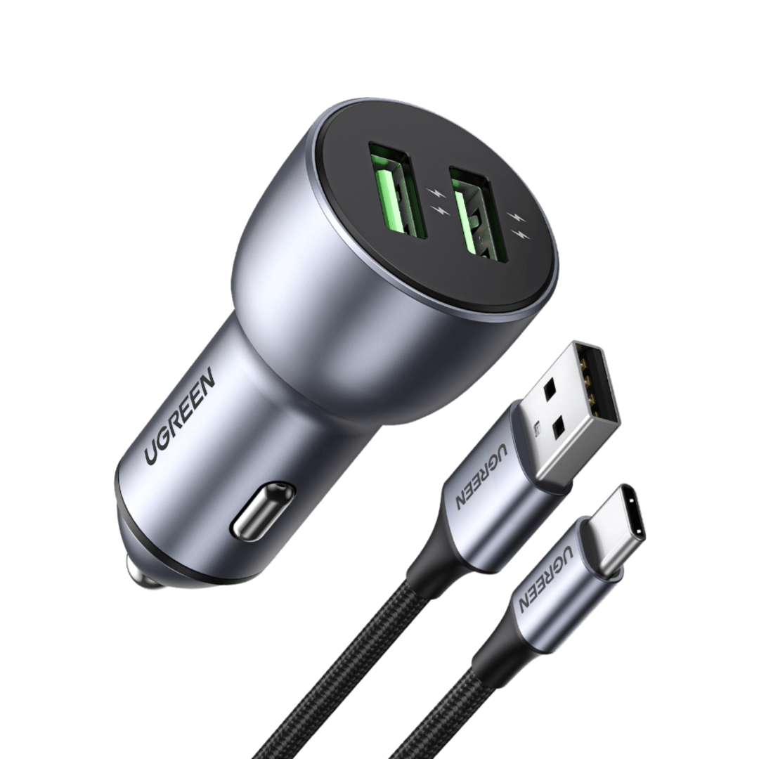 UGREEN Chargeur Allume-Cigare USB QC 3.0 36W 2 Ports Avec Câble USB-C - Charge Rapide Voiture Pour IPhone, Samsung Galaxy, Pixel
